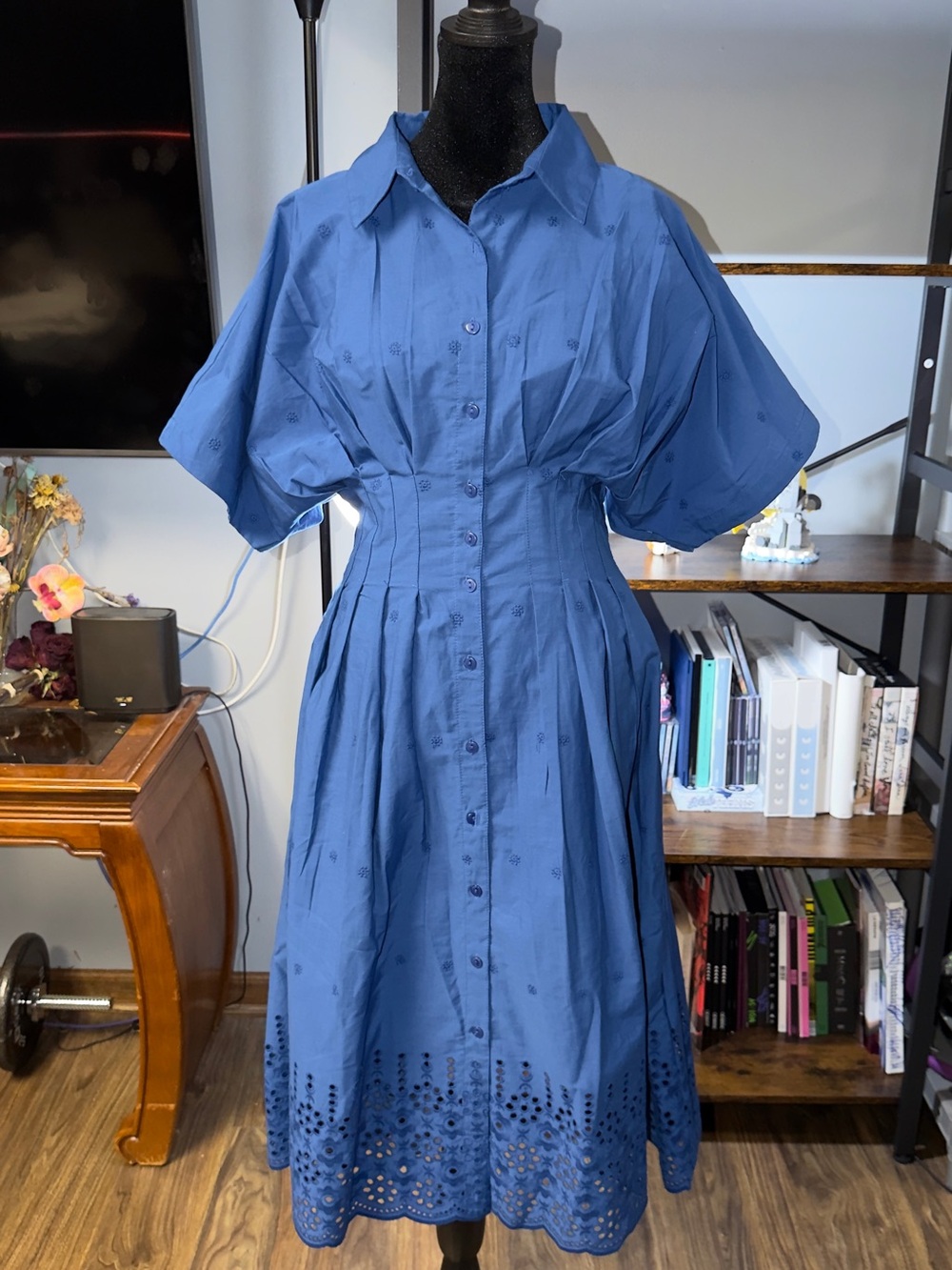 Blue Button-Front Midi Dress with Eyelet Hem
